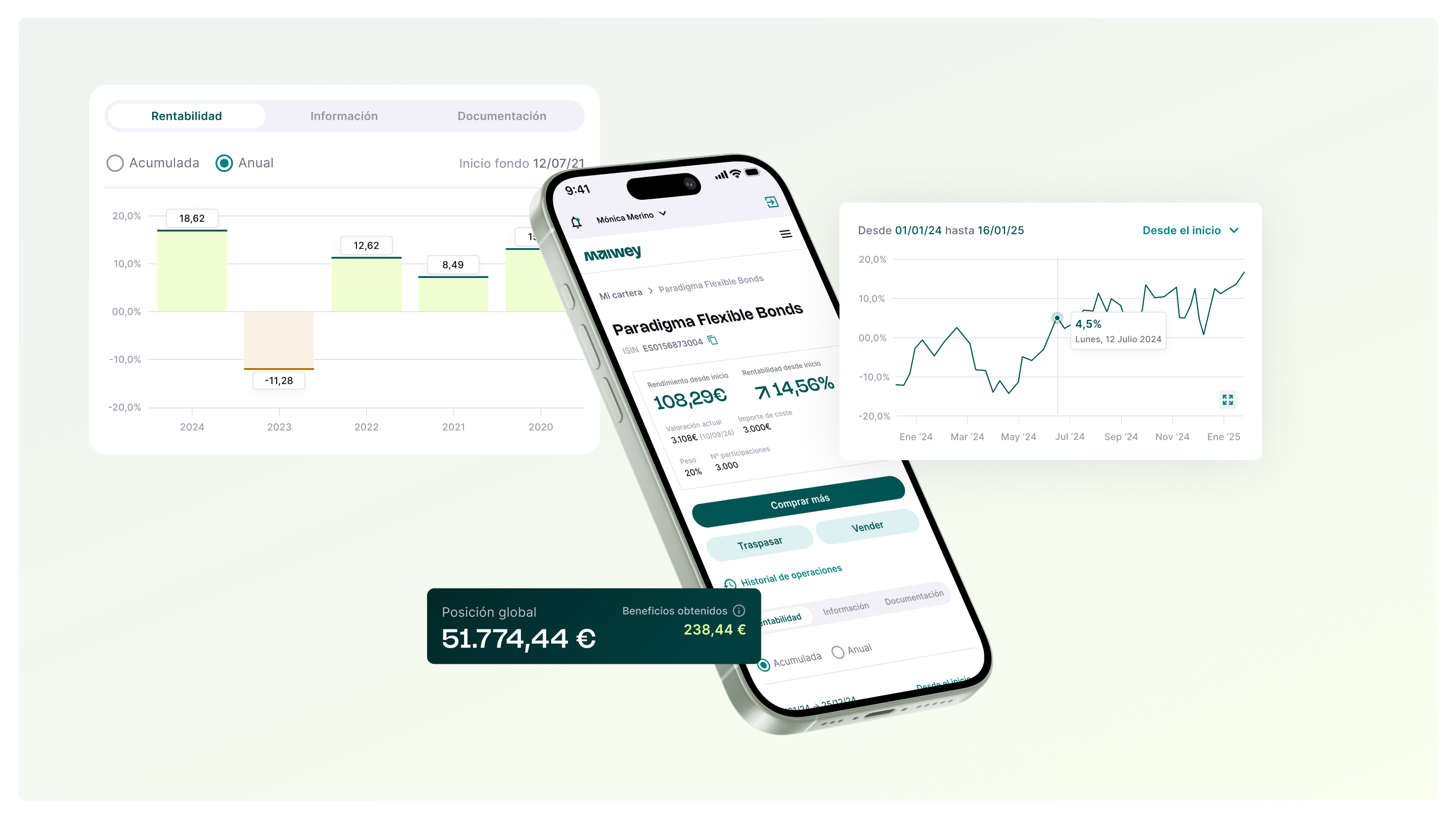 Investment dashboard - mobile fund detail with performance chart alongside desktop portfolio overview with multi-fund comparison